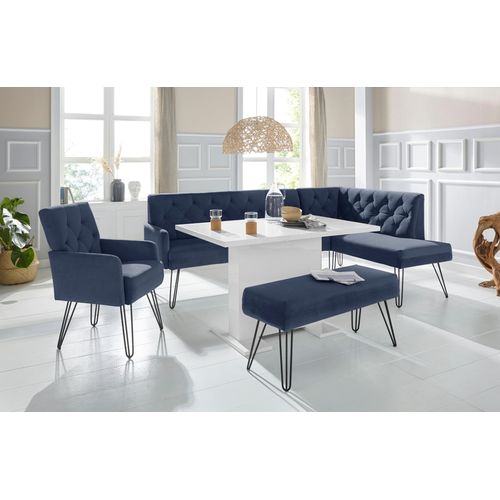 Eckbank EXXPO - SOFA FASHION "Doppio, Chesterfield Optik, komfortabel und bequem, hohe Designfüße", blau (navy), B:158cm H:90cm T:236cm, 100% Polyester, Sitzbänke, Eckbank, Frei im Raum stellbar