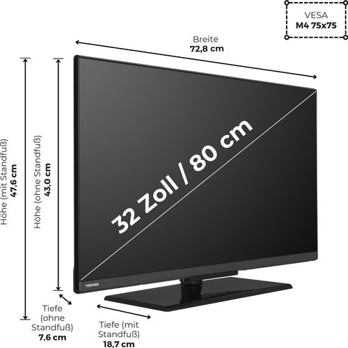 Toshiba Fernseher 32 Zoll Smart TV VIDAA HD-ready Fernseher HDR Smart TV mit Triple-Tuner, LED TV