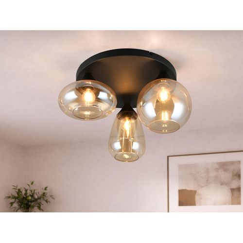Ausgefallene Retro LED Deckenleuchte Ø 48,5cm mit 3 Glaskugeln Amberfarbig