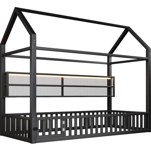 90x200 Hausförmiges Plattformbett mit Zaun und LED-Beleuchtung