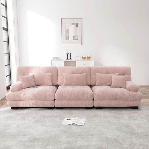 3-Sitzer Modulares Ecksofa mit Tiefensitz, 80% Chenille Schlafsofa Komfortabel Gepolstert für Wohnzimmer, Apartment, Studio, Büro, 80% Chenille Rosa
