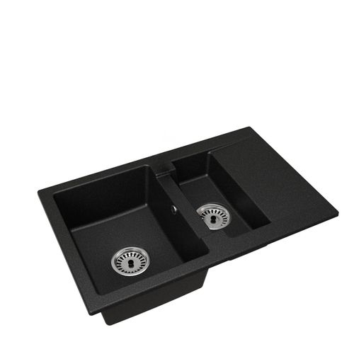 Granitspüle Eineinhalbbecken Doris – Schwarz – Chrom-Siphon