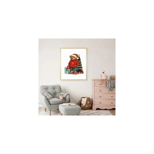 Bild mit Rahmen QUEENCE "Teddy Bär mit Weihnachtsmütze vor Tannenbaum", farbe rahmen: beige, farbe bild(er): rot, B:30cm H:40cm T:1,5cm, Acrylglas, Holzrahmen, Bilder, HD Premium Poster-Druck inkl. Echtholzrahmen in beige