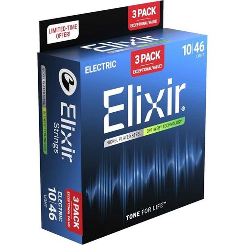 Elixir Strings 16572 - Vernickelter Stahl - E-Gitarren-Saiten - Optiweb - Light (10-46) - 3er-PACK