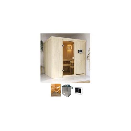 Sauna KARIBU "Tromsö", beige (natur), Bio-Ofen, externe Steuerung, 9 kW, Saunen, Ofen 9 kW Bio externe Strg easy