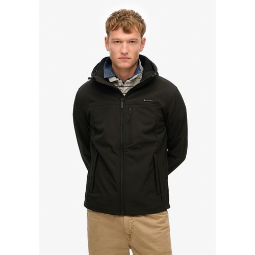Outdoorjacke SUPERDRY "HOODED SOFT SHELL TREKKER JKT", Herren, Gr. 3XL, schwarz, Softshell, Obermaterial: 90% Polyester, 10% Elasthan, unifarben, relaxed fit hüftlang, mit Riegel,verstellbar, Jacken Outdoorjacke