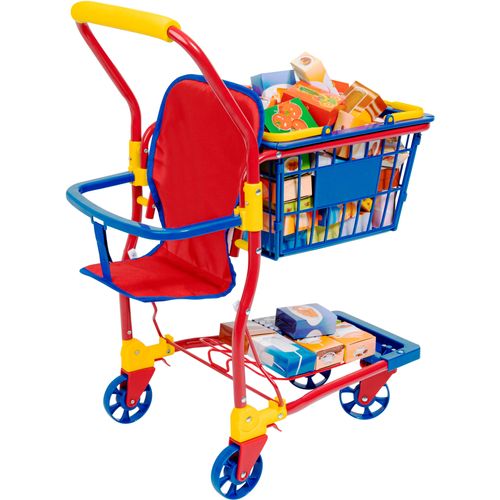 Spiel-Einkaufswagen BAYER, bunt, Kinder-Einkaufswagen, KinderB:50cm H:63,5cm T:31cm, Kunststoff, Metall, Spiel-Einkaufswagen, mit lebensechten Spiellebensmitteln, B:50cm H:63,5cm T:31cm