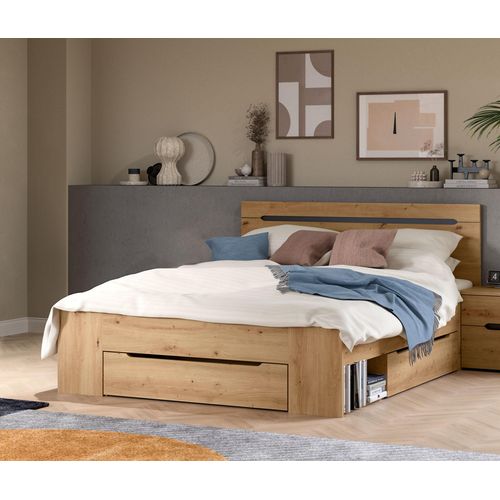 Stauraumbett HOME AFFAIRE "REHAT, in 144 oder 184 cm Breite, 3 Schubkästen, 2 offene Fächer", braun (basalt grau nachbildung, eiche artisan nachbildung, basalt grau nachbildung, eiche artisan nachbildung, eiche artisan nachbildung), B:144cm H:87cm L:205cm, Betten, Stauraumbett, Bett, Kastenbett, Bettgestell, Schlafzimmer, Schlafen