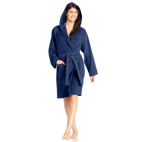Unisex-Bademantel VOSSEN "Texas, ideal für Sauna & Spa, Hotelbademantel, Morgenmantel" Gr. S, blau (dunkelblau), L:110cm, Webvelours, Hausmäntel, Unisex-Bademantel, für Damen & Herren
