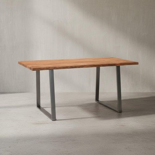 Esszimmertisch 120x60x76 cm Akazie Massivholz / Metall Esstisch Baumkante, Küchentisch Massiv mit Trapezbeinen in Chrom, Holztisch Speisetisch Esszimmer Rechteckig