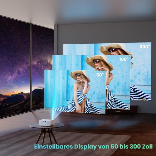 Mini Beamer WiFi Bluetooth Full HD 1080P, 4K Heimkino Projektor mit Zoomfunktion, 300'' Display, Outdoor, Kompatibel mit Smartphone, HDMI, USB, PS5,