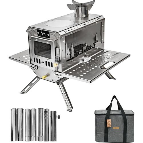 TOMOUNT Zeltofen Tragbar Edelstahl Campingherde Holzofen mit Schornstein, Holzkocher für Zelte, Unterkünfte und Camping