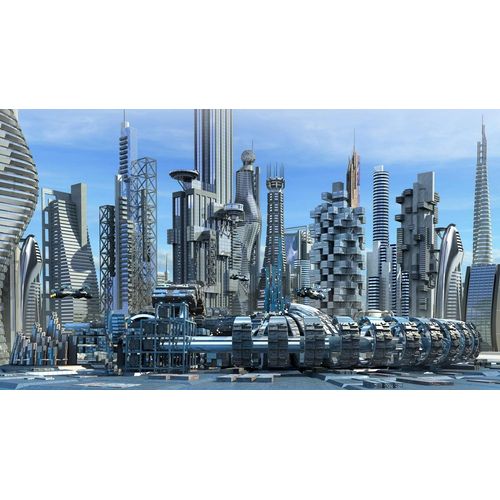 Fototapete PAPERMOON "Science-Fiction-Skyline", bunt, B:5m L:2,8m, Vlies, Tapeten, Fototapete