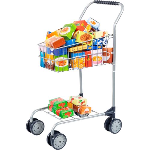 Spiel-Einkaufswagen BAYER, bunt, Kinder-Einkaufswagen, KinderB:30cm H:60cm T:41cm, Kunststoff, Metall, Spiel-Einkaufswagen, mit lebensechten Spiellebensmitteln, B:30cm H:60cm T:41cm