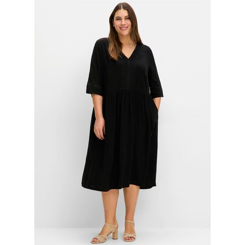 A-Linien-Kleid SHEEGO "Blusenkleid", Damen, Gr. 42, Normalgrößen, schwarz, Web, 100% Viskose, unifarben, wadenlang, V-Ausschnitt, Kleider