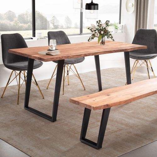 Esszimmertisch 180x90x76 cm Akazie Massivholz / Metall Esstisch Baumkante, Küchentisch Massiv mit U-Beinen in Schwarz, Holztisch Speisetisch Esszimmer Rechteckig