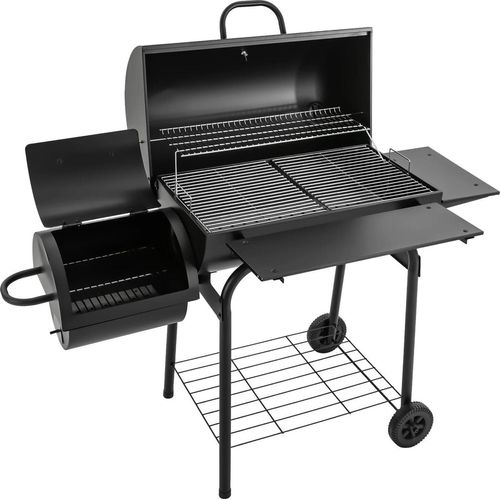 Outdoor Holzkohlegrill - Grillwagen BBQ - Mit Deckel - Brennstoff: Holzkohle - Verchromter Grillrost 39×34 cm - 147×70×126 cm - Schwarz