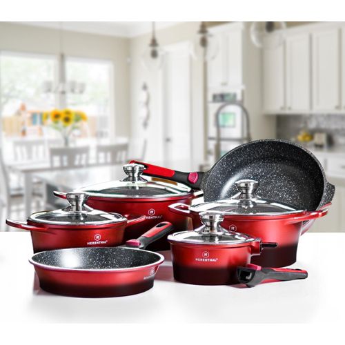 6x Kochgeschirr, Marmorbeschichtung - Rot