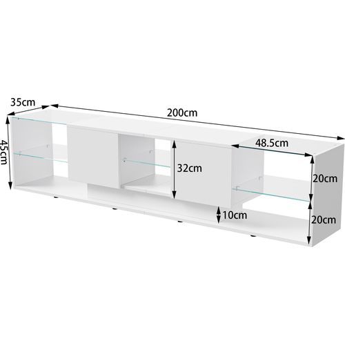 TV-Ständer 200 x 39 x 42 cm, mit verstellbarer LED-Beleuchtung, Glasablagen, 2 Schubladen, geeignet für 90-Zoll-Fernseher, Weiß