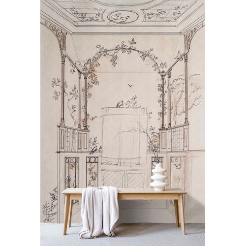 Vliestapete LIVING WALLS "Tapete Vögel & Architektur Beige Braun Historisch", beige, B:2,7m H:0,02m L:2m, Vlies, Tapeten