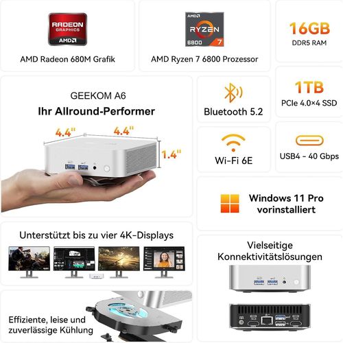GEEKOM A6 Mini PC mit AMD Ryzen 7 6800, 16GB aufr¹stbarem DDR5 RAM (kein festgelegter LPDDR) + 1TB SSD, Mini PC mit Windows 11 Pro | Mini Computer