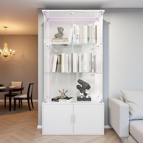 ProximaX Weißer Glas-Vitrinen-Schrank mit 3 beleuchteten Ebenen & LED-Einbauleuchten, Moderner Ausstellungs- und Aufbewahrungsschrank für Sammlungen