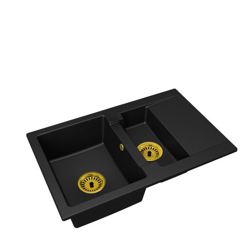 Granitspüle Doris – Eineinhalbbecken, Schwarz mit goldenem Siphon