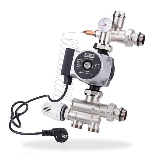 Messing Festwertregelset 20–60 °C für Fußbodenheizung, 210-235 mm, Festwertregelung mit Umwälzpumpe Mischventil Thermostatventil Entlüftungsventil, G1