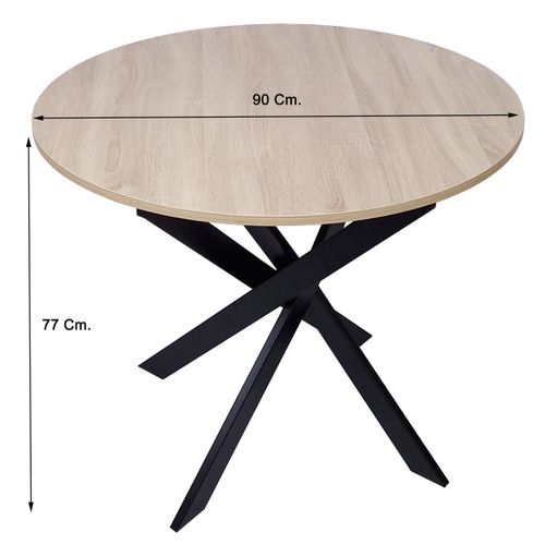 Runder Esstisch, Modell ZEN, 90x90x77cm, farbe Eiche, matt Schwarze metallbeine lackiert