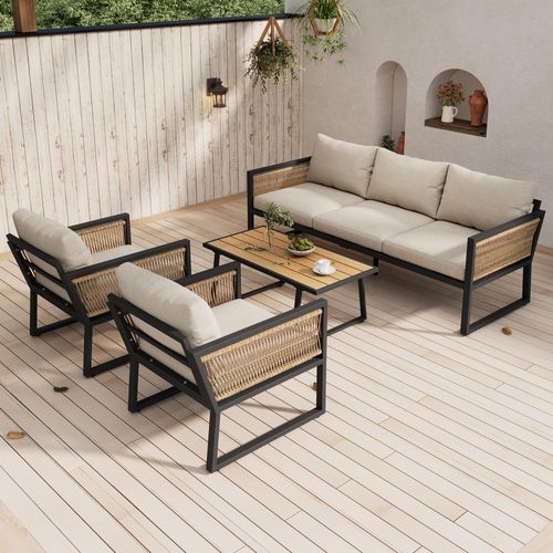 okwish Garten Lounge Set4er-Set, EssgruppeGartenmöbel Set, Balkonmöbel , Balkonset Outdoor Sitzgruppe mit Sesseln& CouchtischTischplatte aus Kunststoffholz, Beige