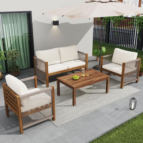 okwish Loungeset Loungeset SitzgruppeGartenmöbel Set, SitzgarniturGartenset für draußenMit Doppelsofa&2 Sessel&TischRattenoptikBeige