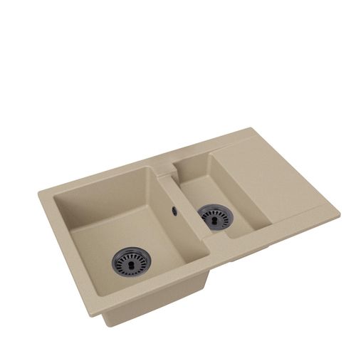 Granitspüle Doris, eineinhalb Becken, Beige, mit schwarzem Siphon