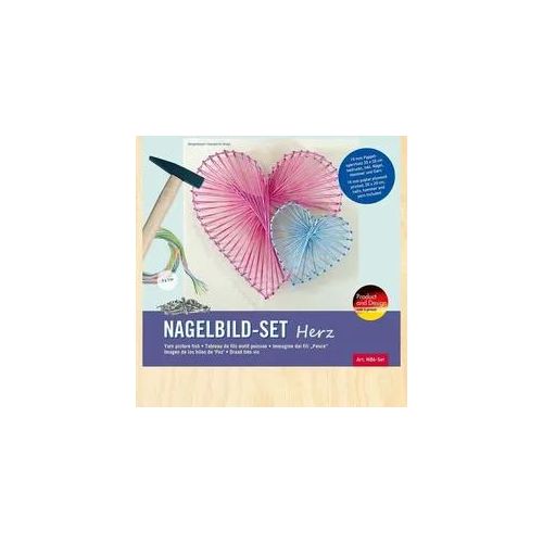 PEBARO NB6-SET - Nagelbild-Set Herz, Fadenbild 20x20cm, String Art Bastelset inkl. Garn, Hammer und Nägel
