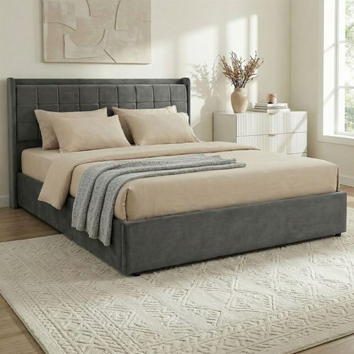 Polsterbett YARO 160x200 cm mit Bettkasten, Dunkelgrau - Bett 160x200 mit Lattenrost, Bettgestell mit weichem Samtbezug, Kopfteil gepolstert, Bett mit Stauraum für optimale Raumausnutzung