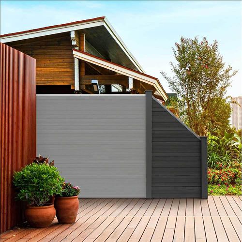 HOME DELUXE - WPC Sichtschutzzaun Sichtschutz V2 Grau - 1x Schrägelement + 1x Pf. groß Gartenzaun Windschutz Blickschutz
