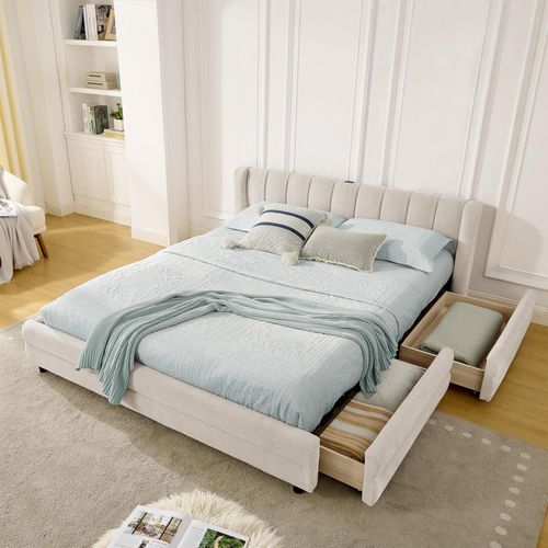 MODFU Kinderbett 140x200 Polsterbett mit zwei Schubladen,Doppelbett mit USB-Ladeport,Bettgestell,weichem Chenille-Stoff,für Gästezimmer und Mietwohnung,ohne Matratze,Beige