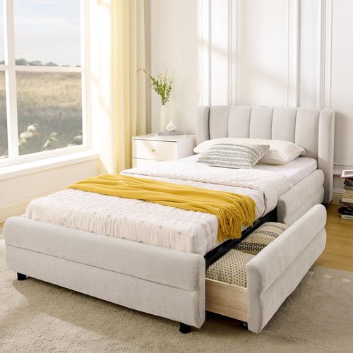 MODFU Kinderbett 90x200 Polsterbett mit zwei Schubladen,Einzelbett mit USB-Ladeport,Bettgestell,weichem Chenille-Stoff,für Einzelzimmer und Mietwohnung,Mit Matratze,Beige