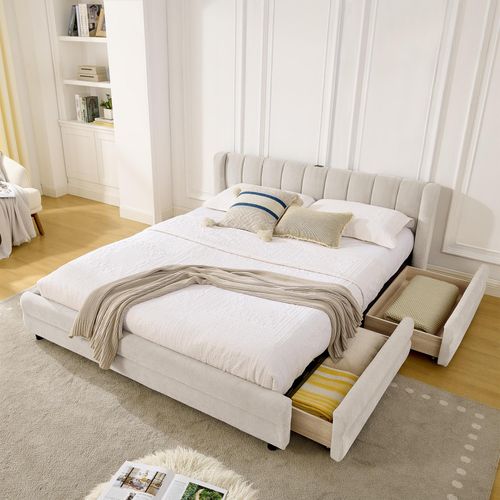 MODFU Kinderbett 160x200 Polsterbett mit zwei Schubladen,Doppelbett mit USB-Ladeport,Bettgestell,weichem Chenille-Stoff,für Gästezimmer und Mietwohnung,ohne Matratze,Beige