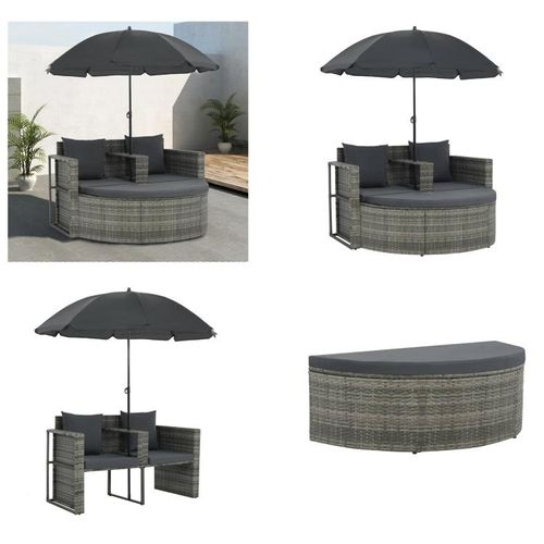 vidaXL Gartenbett mit Sonnenschirm Grau Poly Rattan - Gartenstuhl - Gartenstühle - Sonnenliege - Sonnenliegen