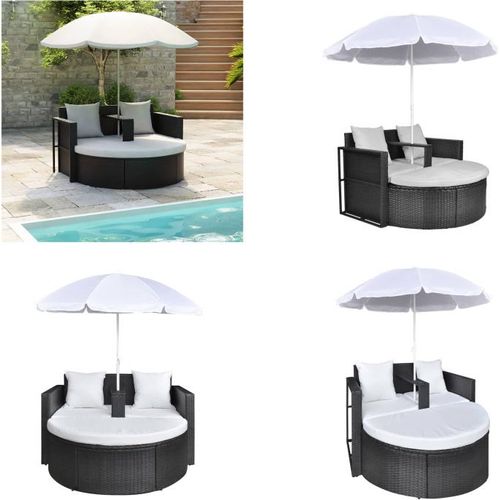 vidaXL Gartenbett mit Sonnenschirm Braun Poly Rattan - Gartenstuhl - Gartenstühle - Sonnenliege - Sonnenliegen