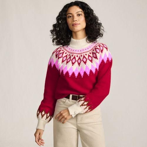Flauschiger Fair Isle Pullover mit Ballonärmeln, Damen,  Rot, Polyester-Mischung/Nylon-Mischung, by Lands' End