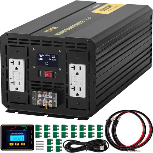 VEVOR Wechselrichter, 5000 W modifizierter Sinus-Wechselrichter, 12 V DC auf 110 V AC Fahrzeugadapter, mit LCD, Fernbedienung, LED-Licht & GFCI-Steckdosen für RV, LKWs, Boote & Outdoor-Adv