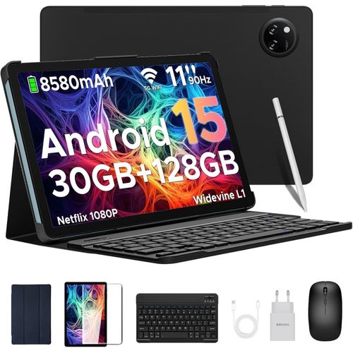 Tablet 11 Zoll Android 16, 30GB RAM +128GB ROM (2TB TF), Octa-Core T7200, 8580mAh, 13MP+5MP, Widevine L1, mit Tastatur, Maus, Stift, Hülle