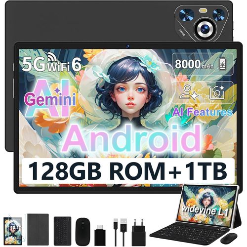 Tablet 10 Zoll Android 14, 22GB RAM 128GB ROM/TF 1TB, Octa-Core, 8000mAh, 8MP+5MP, 5G WiFi, BT5.0, Face ID, Widevine L1, Tastatur & Maus