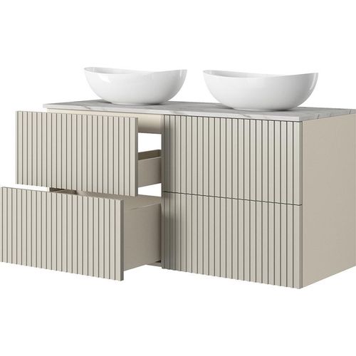 Badezimmer Doppelwaschtisch mit 120 cm Breite in kaschmir mit marmorierter Waschtischplatte & gerillter Front, 2 Aufsatzwaschbecken & 4 Schubladen - NAVASOTA-141