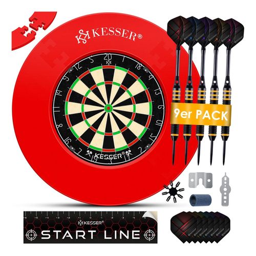 KESSER® Dartscheibe Sisal mit 9 Dartpfeile Professional Dartboard + 21 Pro Flights + Zubehör Steeldart Offizielles Dartscheibe 9 Pfeilen Metallspitze Profi Steeldartscheibe - Dartboard inkl. Montageset