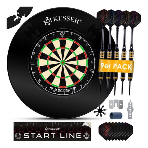 KESSER® Dartscheibe Sisal mit 9 Dartpfeile Professional Dartboard + 21 Pro Flights + Zubehör Steeldart Offizielles Dartscheibe 9 Pfeilen Metallspitze Profi Steeldartscheibe - Dartboard inkl. Montageset