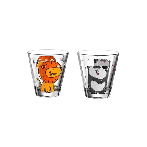 Kinderbecher LEONARDO "Kinderbecher Bambini 215 ml 2er Set", bunt (löwe, panda), Glas, Trinkgefäße, Kinderbecher