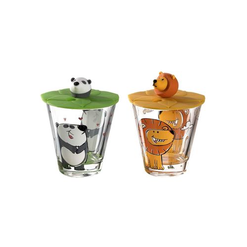 Kinderbecher LEONARDO "Kinderbecher mit Deckel Bambini 215 ml 2er Set", bunt (löwe, panda), Trinkgefäße, Kinderbecher