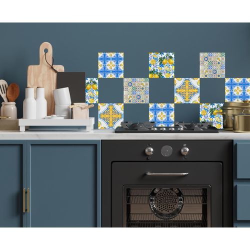 Fliesenaufkleber QUEENCE "Zitronen und Ornamente", blau, B:15cm H:15cm T:0,2cm, Fliesenaufkleber, selbstklebend, 12er Set